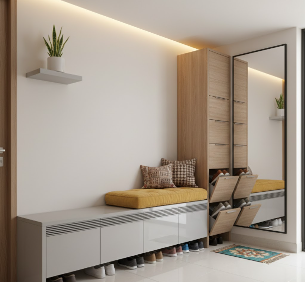 Custom Shoe Rack Furniture Manufacturer in Pune – Nakhtal Furniture showing slim tilt-out cabinet in high-gloss finish